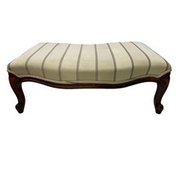 Pair of French design stained beech footstools, shaped form upholstered in pale fabric with herringbone stripe, on cabriole feet with scroll carved terminals 