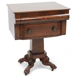 Early 19th century figured mahogany work table, deep drawer raised on square pedestal, on ...