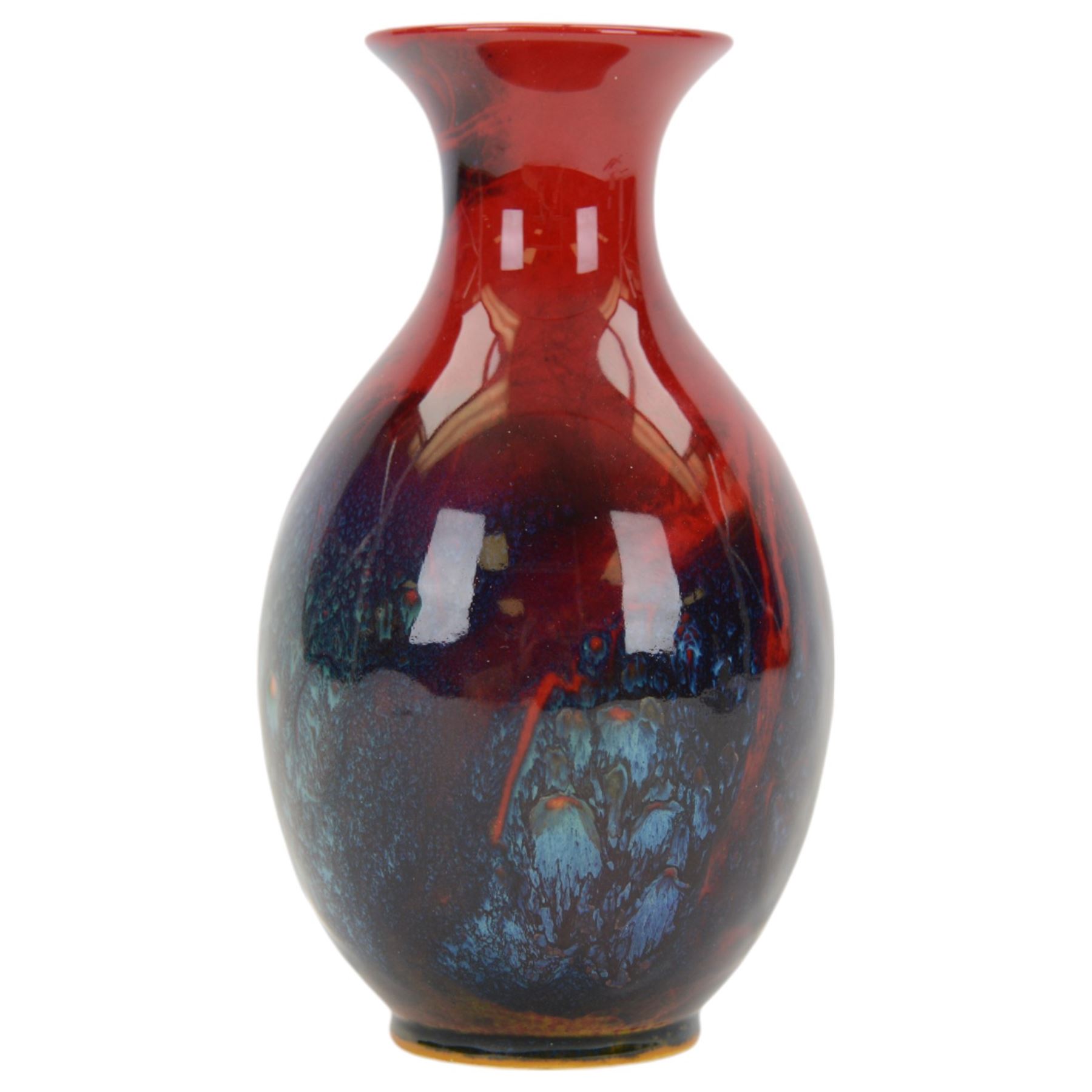 Early 20th century Royal Doulton 'Sung' flambe vase, of baluster form with mottled green/blue decoration upon a red ground, signed FM, Noke and Sung beneath, with Royal Doulton backstamp, H16cm