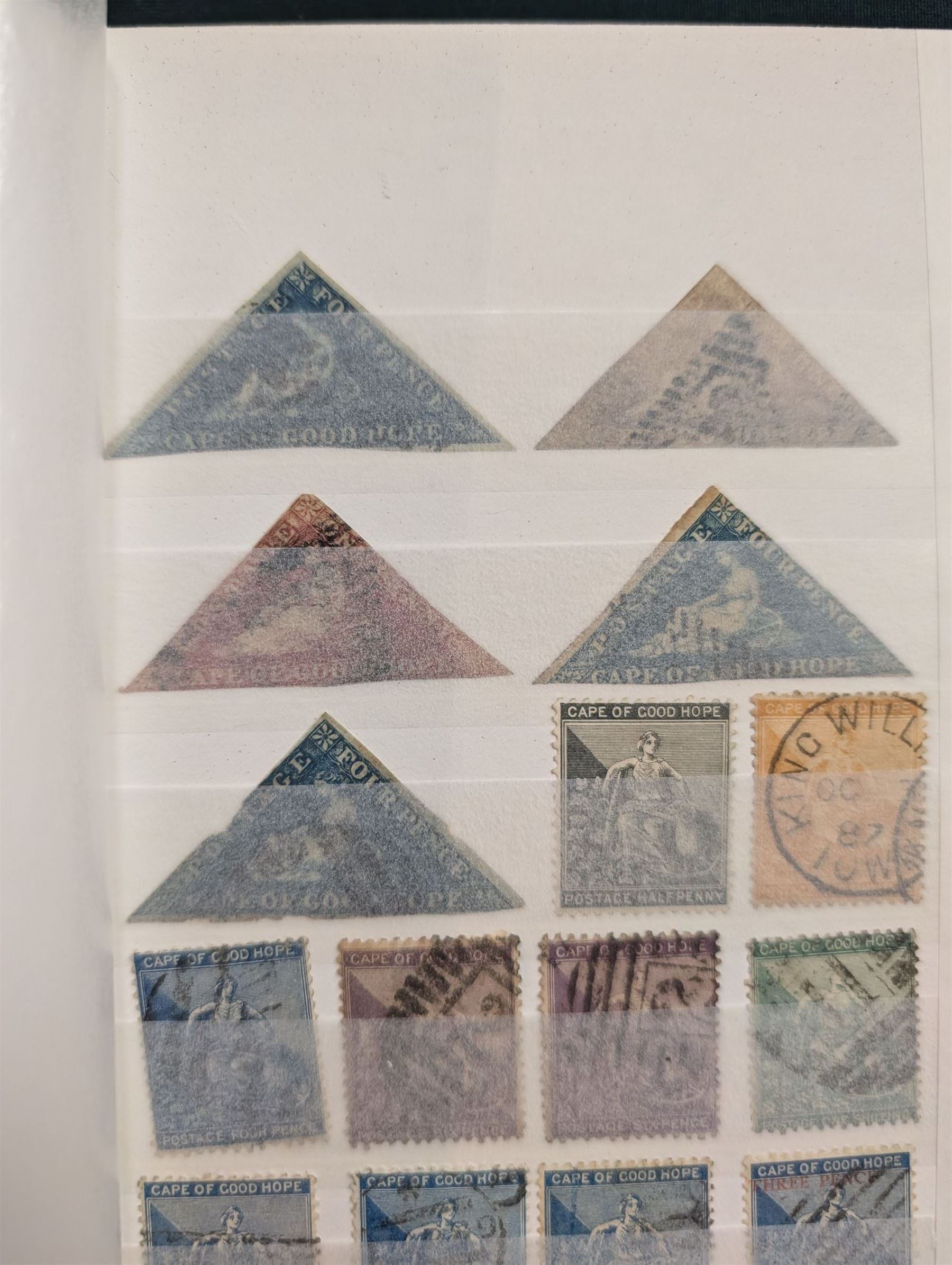 South Africa - Cape of Good Hope triangles with two one pennies, five four pence and two sixpence, King Edward VII values to five shillings, Natal King Edward VII values to one pound ten pence, Orange Free States with V.R.I overprints, King Edward VII values to five shillings, Transvaal including Queen Victoria heads, KEVII values to one pound, South West Africa etc, housed in a green stockbook