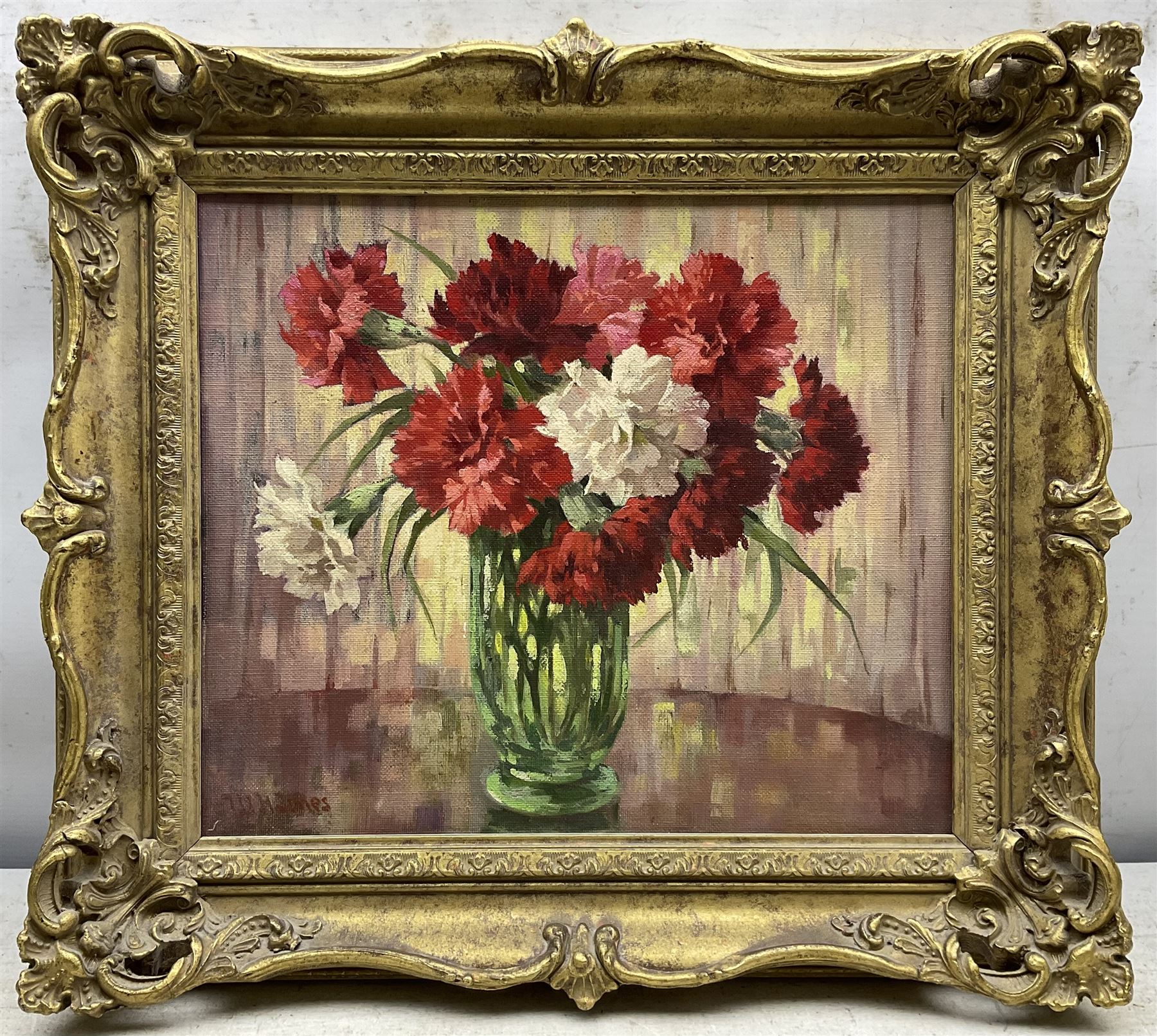 W H Jones (20th century): Still Life of Carnations, oil on canvas board signed 29cm x 34cm
Provenance: with James Starkey Galleries, Beverley, East Yorkshire