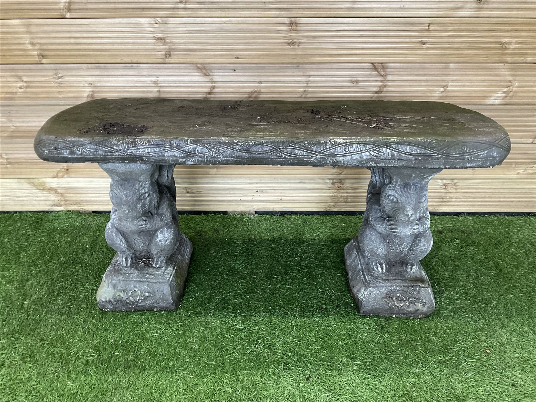 Composite stone garden bench, supported by two squirrels - THIS LOT IS TO BE COLLECTED BY APPOINTMENT FROM DUGGLEBY STORAGE, GREAT HILL, EASTFIELD, SCARBOROUGH, YO11 3TX