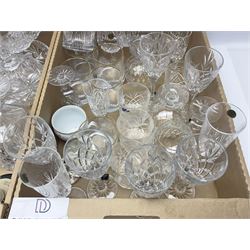 Large collection of crystal glassware, together with glass decanters, bowls, covered bon bon dish etc, in two boxes 