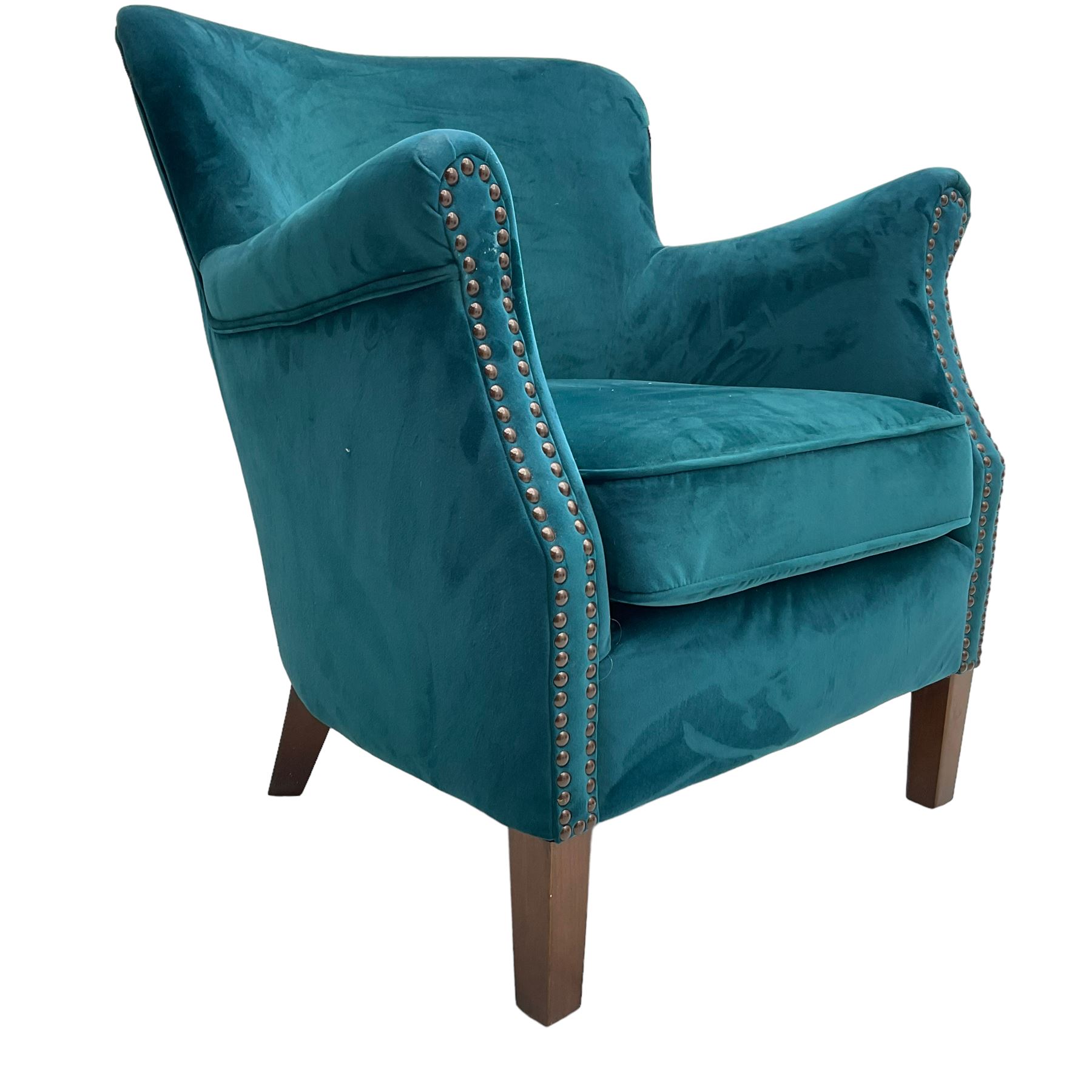 Contemporary tub-shaped armchair, upholstered in teal blue fabric, with high back and rolled arms accented with brass studded trim, on square tapered front feet