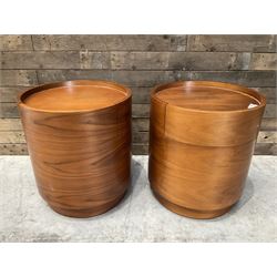 Pair of walnut circular barrel shaped lamp tables, fitted with single drawer