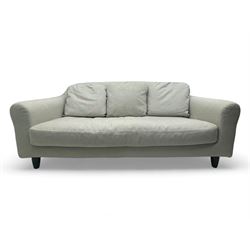 Habitat - contemporary three-seater sofa upholstered in neutral fabric, three scatterback cushions, raised on tapered supports