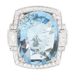 18ct white gold oval aquamarine, milgrain set round brilliant cut diamond and baguette cut...