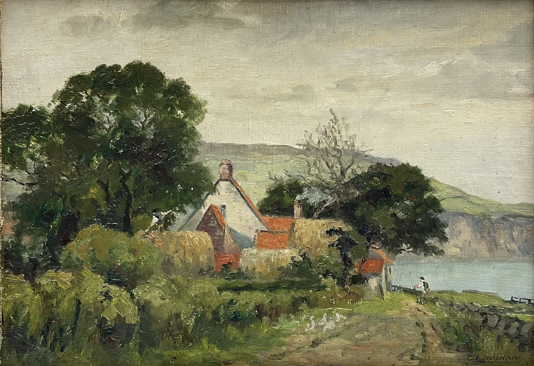 Charles Frederick Ingham (British 1879-1957): Stoupe Bank Farm looking towards Robin Hoods Bay, oil on canvas board signed 25cm x 35cm