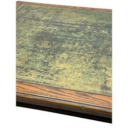 Large 10' 7'' late Victorian oak boardroom table, moulded rectangular top with inset green leather surface, on turned and reed moulded supports with brass and ceramic castors 