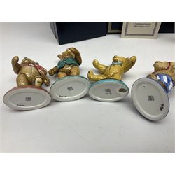 Eight Halcyon Days Teddy Bear of the Year figures, from 1993 to 2000, including one example modelled as a bear in Greek dress carrying a torch, one example modelled as a schoolboy and one example in a blue dress, all boxed 