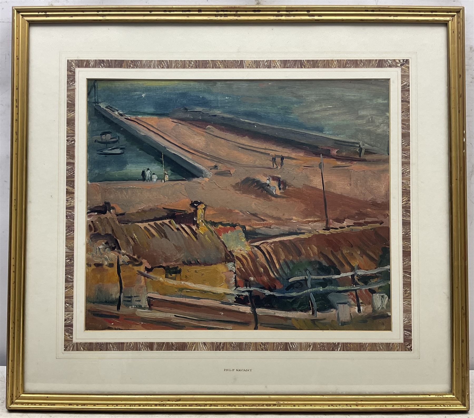 Philip Naviasky (Northern British 1894-1983): The Pier, oil on board unsigned, authenticated by the artist's wife Millie on label verso 36cm x 44cm