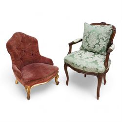 19th century gilt hardwood and wrought metal-framed nursing chair, shaped cresting and upholstered in buttoned fabric, on cabriole feet (W56cm, H74cm); 20th century stained beech French design fauteuil armchair, upholstered in green floral pattern silk fabric, on cabriole supports (W57cm, H87cm) (2)