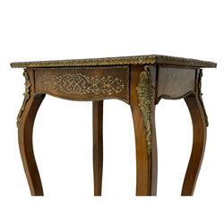 In the manner of Émile Gallé - late 19th to early 20th century inlaid walnut side table, rectangular top inlaid with Japonisme decoration depicting birds within trees, figured crossbanding and cast gilt foliate applied edge, single frieze drawer inlaid with scrolling brass work, on cabriole supports with ornate floral mounts