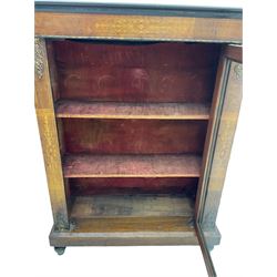 Victorian inlaid walnut pier cabinet, moulded rectangular top over single glazed door, chamfered plinth base, on turned feet 