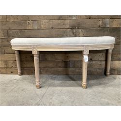 Washed oak demi-lune window seat, upholstered in buttoned linen fabric