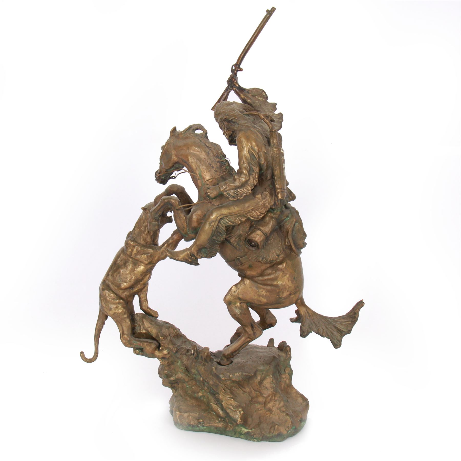 After Charles Marion Russell; Bronzed sculpture depicting man on horseback fighting a mountain lion, H42cm