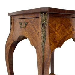 Late 20th century French design Kingwood lamp table, shaped form with geometric parquetry inlaid top within band and raised lip, fitted with single drawer and slide, on cabriole supports united by undertier, decorated with ornate cast gilt metal mounts and terminal caps 