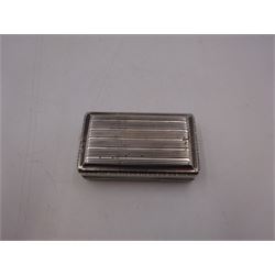 George III silver snuff box, of rectangular form, with banded decoration throughout and engraved cartouche to hinged cover, hallmarked John Shaw, Birmingham 1813, W7cm