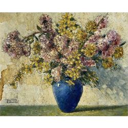 Walter Taylor (British 1860-1943): Still Life of 'Cherry Blossom and Forsythia', oil on board signed, titled verso 50cm x 60cm