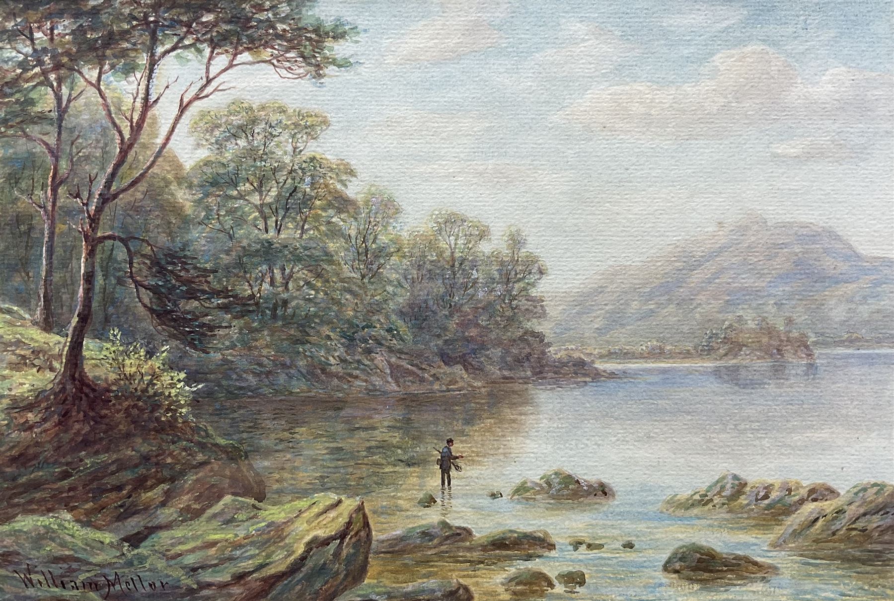 William Mellor (British 1851-1931): Fishing in Lake District Landscape, watercolour signed 19cm x 29cm 