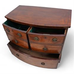 George III mahogany bow-fronted wine chest, banded top over two short and single long drawer, the two short drawers with baize lining and divisions, on ogee bracket feet 