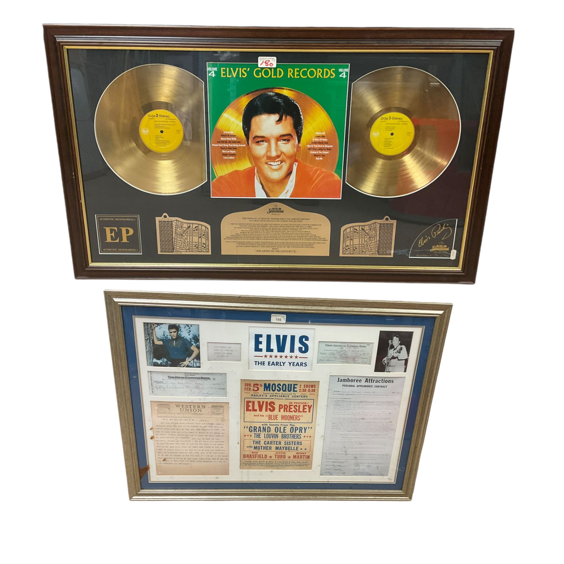 Framed Graceland collection 'Elvis' Golden Records' framed gold records together with framed 'The Early Years' large memorabilia Montage print showing some of the most iconic moments of Elvis Presley's early years, Limited edition 931/1000