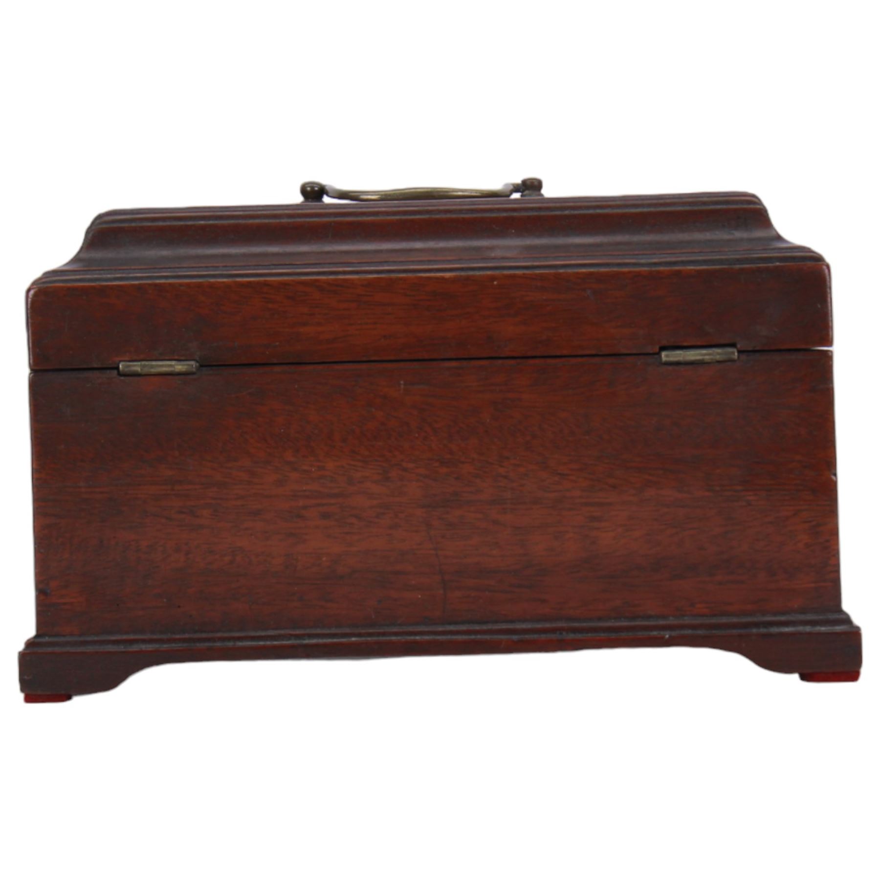 Georgian mahogany tea caddy, of rectangular form with brass shaped escutcheon and key, the hinged cover with canted sides and brass drop handle, the whole upon four bracket feet, not including handle H13.5cm W24cm D13.5cm