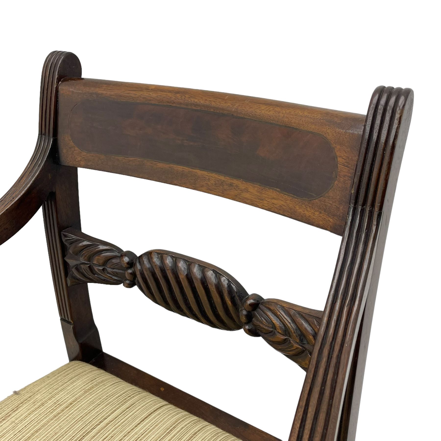 Georgian design set of six (6+2) mahogany dining chairs, the bar cresting rail inlaid with figured mahogany panel, shaped twist lobe carved middle rail with extending stylised leaf decoration, upholstered drop-in seat, on turned front supports 