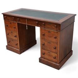 19th century mahogany twin pedestal desk, rectangular top with inset green leather writing surface, fitted with single frieze drawer flanked by four drawers to each side, each with shaped metal escutcheons, on skirted base