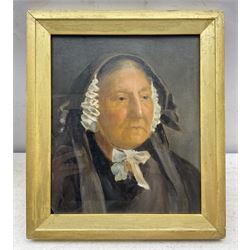 French School (19th century): Portrait of an Old Woman, oil on board unsigned; After John Pettie RA (Scottish 1839-1893): Portrait of the Composer Hamish MacCunn (1868-1916), lithograph pub. 1886 max 26cm x 21cm (2)