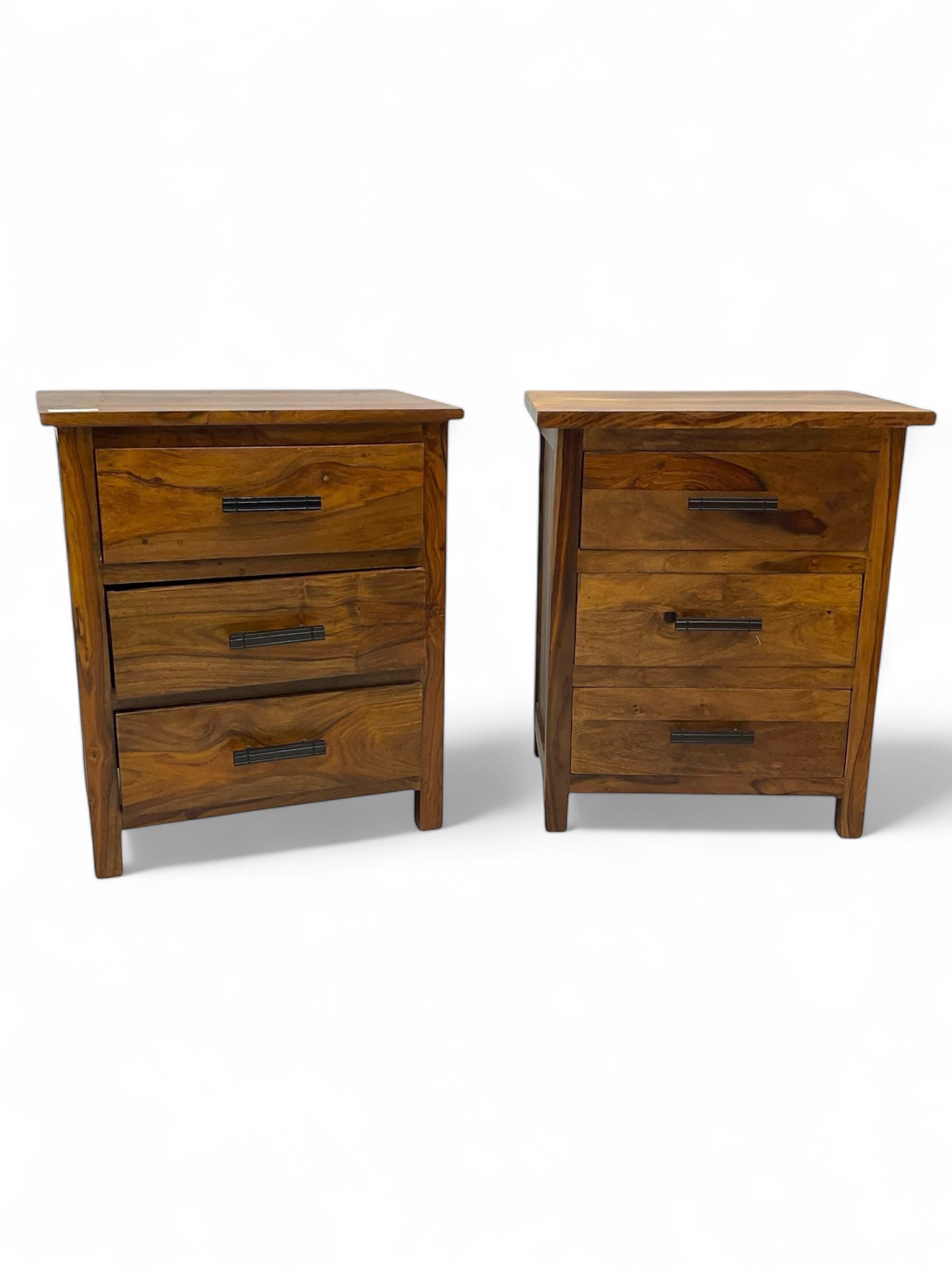 Pair of hardwood three-drawer bedside chests