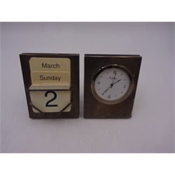 Modern silver mounted desk clock and perpetual calendar, hallmarked Carrs of Sheffield, Sheffield 2000 & 2001, H7.5cm