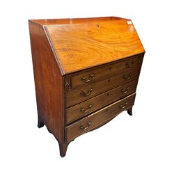 Georgian mahogany bureau, moulded fall front enclosing cupboard, small drawers, pigeonholes and inset writing surface, fitted with four long graduating cock-beaded drawers, on splayed bracket feet 