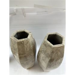 Pair of fossilised coral mosaic vases, of hexagonal form, H46cm