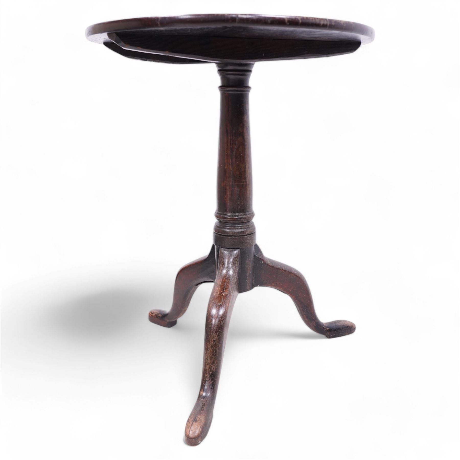 George III mahogany tripod table, circular tilt-top on ring turned gun barrel pedestal, on three out-splayed supports 