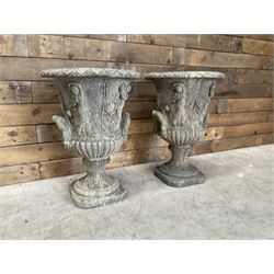 Pair of Victorian design ornate cast stone urns, Greek theme with twin handles