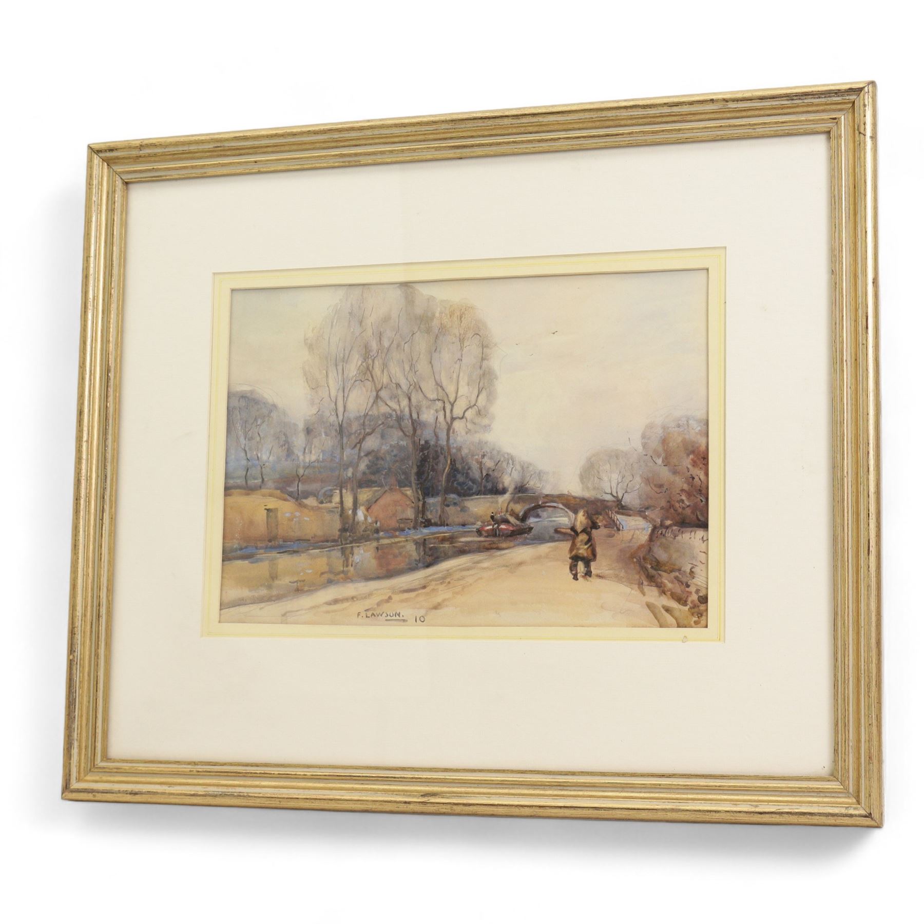 Frederick (Fred) Lawson (British 1888-1968): Walking Beside the Canal, watercolour signed and dated '10, 25cm x 37cm 