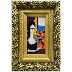 Andre Minaux (French 1923-1986): Cubist Lady with Flowers, oil on board signed 39cm x 19cm