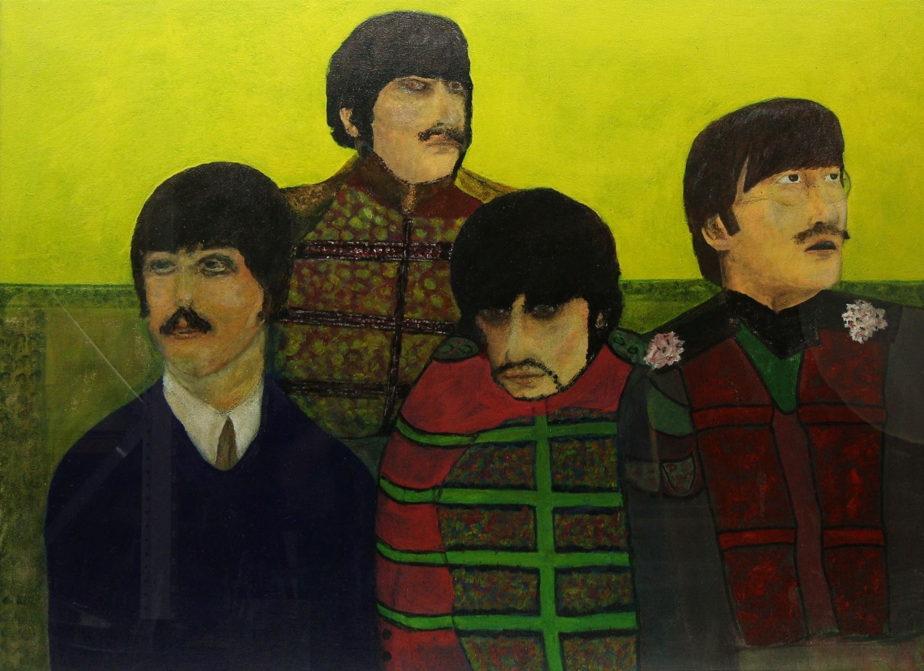 English School (Contemporary): Naïve Portrait of The Beatles, oil on canvas unsigned 73cm x 100cm 