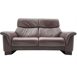 Ekornes Stressless - three-seat sofa upholstered in chocolate brown leather, with high backrests, cushioned headrests, and manual reclining mechanism (L248cm, D84cm, H102cm); with matching two-seat sofa (L184cm, D84cm, H102cm)