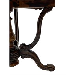 Unusual Victorian figured walnut drop-leaf Sutherland table, moulded drop-leaf oval top, central turned baluster column with quadruple moulded S-scroll supports carved with acanthus leaves, four out-splayed supports with scroll carved terminals, double gate-leg action base, on castors