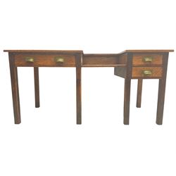 Early 20th century oak clerks desk, fitted with drop centre and drawers, on square supports