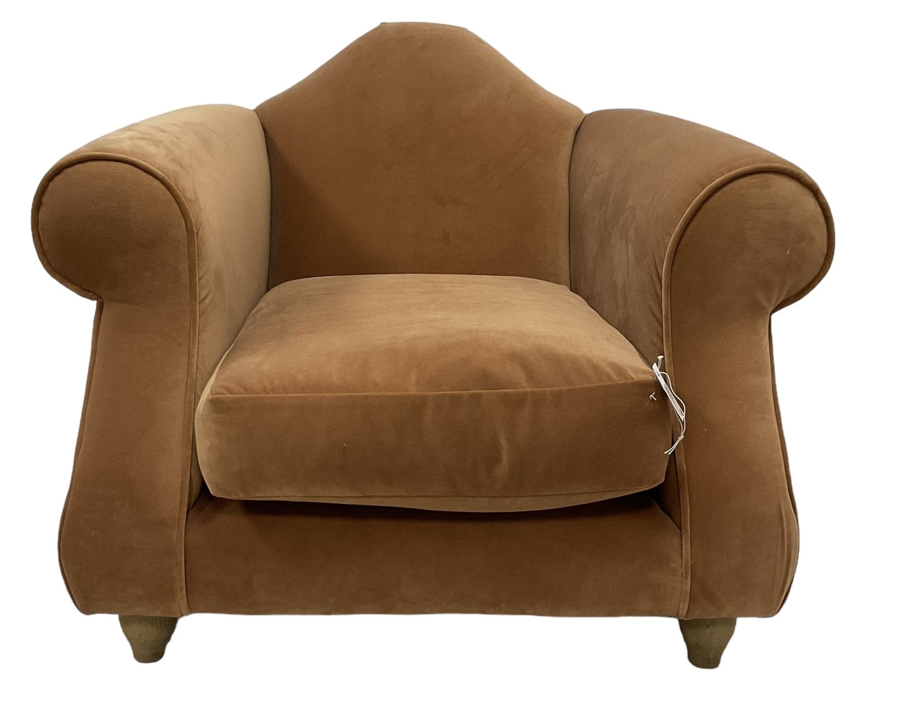 Loaf - hardwood-framed armchair, camelback and rolled arms, upholstered in rust velvet fabric, on turned oak front feet