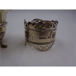 Group of silver, including mustard pot, pepper shaker and napkin ring, all hallmarked 