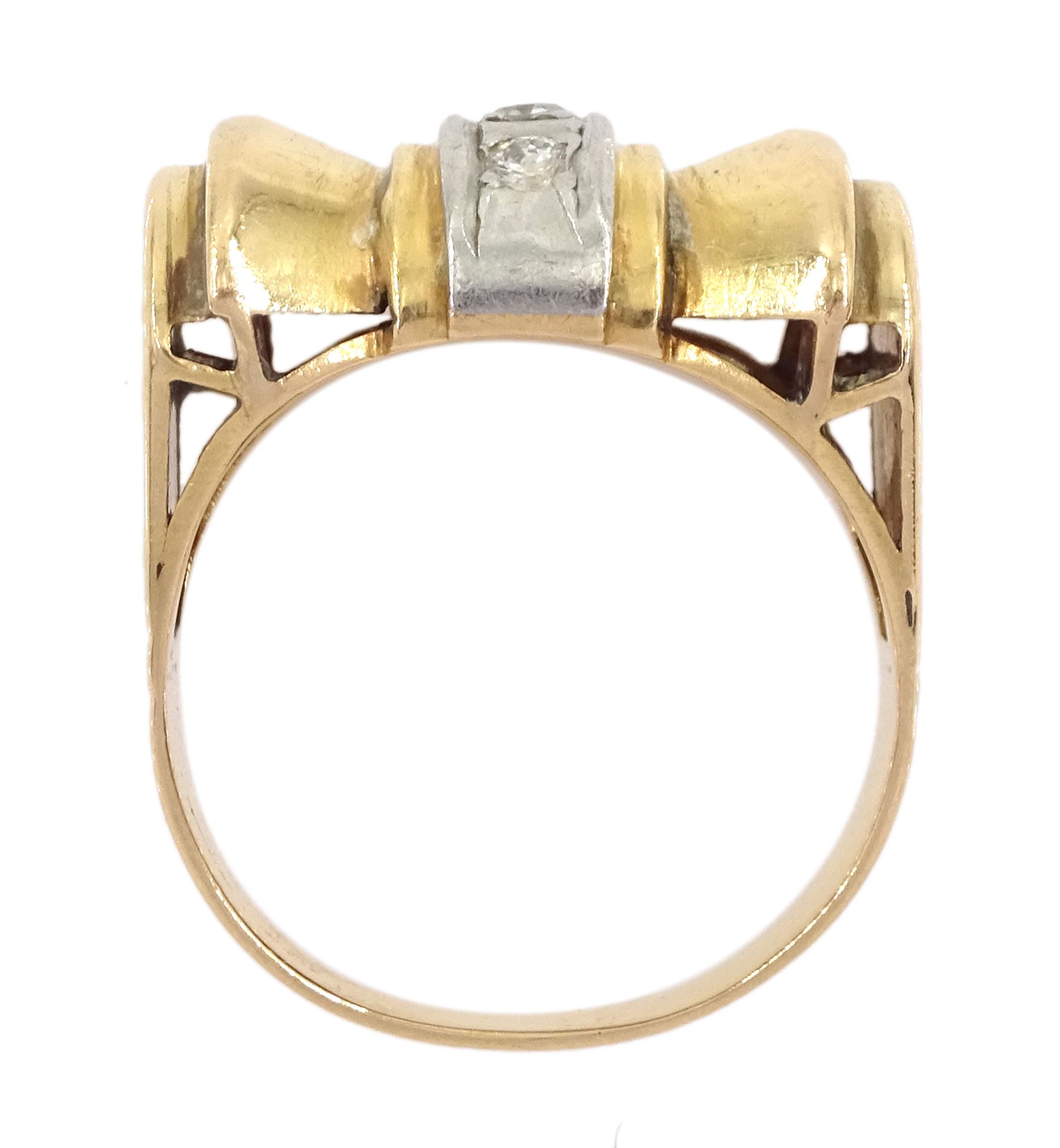 Mid-late 20th century European gold and platinum diamond abstract bow ring