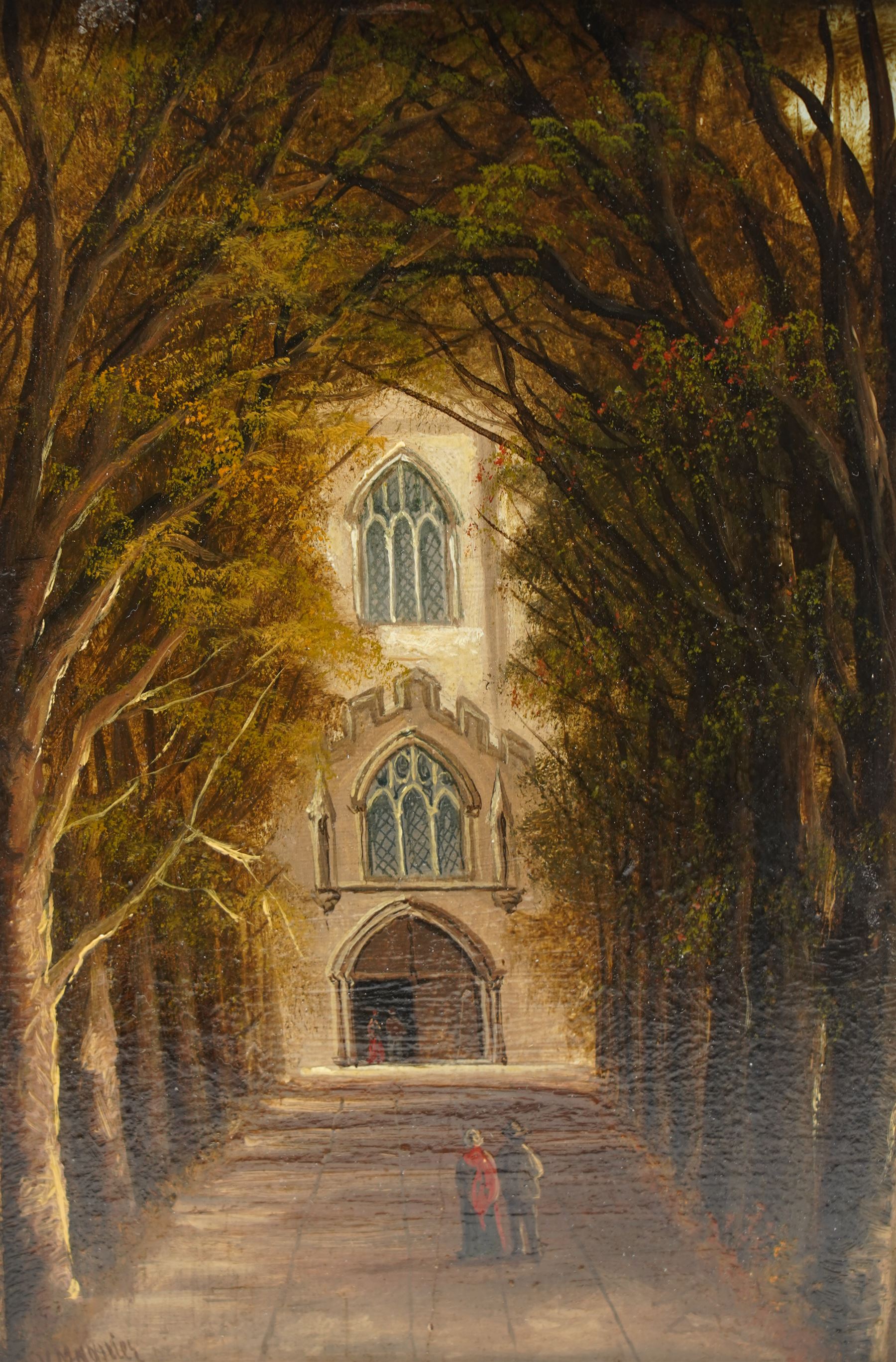 V Mag* (British 19th Century): 'Path Leading to the Church at Stratford-upon-Avon - Shakespeare's Resting Place', oil on panel indistinctly signed, inscribed on label verso 24cm x 16cm 