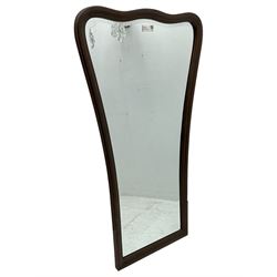 20th century stained beech frame wall mirror, bevelled plate in shaped and moulded frame 