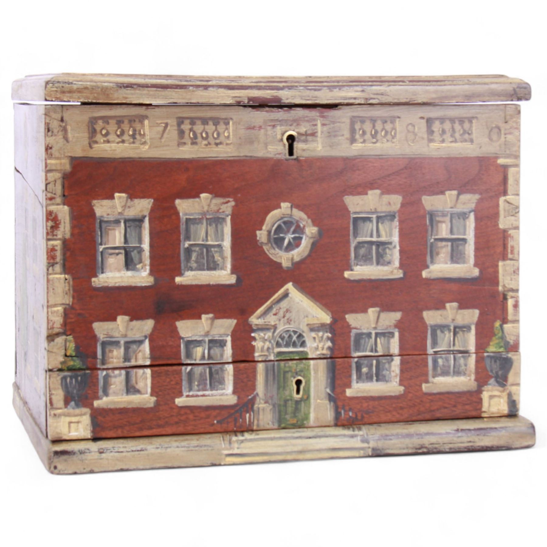 19th century mahogany box, the front and sides painted to resemble a Georgian Country House, H24.5cm W30.5cm D23.5cm