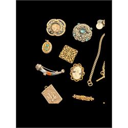 9ct gold brooch, silver brooches including hardstone set dirk brooch, silver chain links and a collection of Victorian and later costume jewellery including hairwork brooch and locket