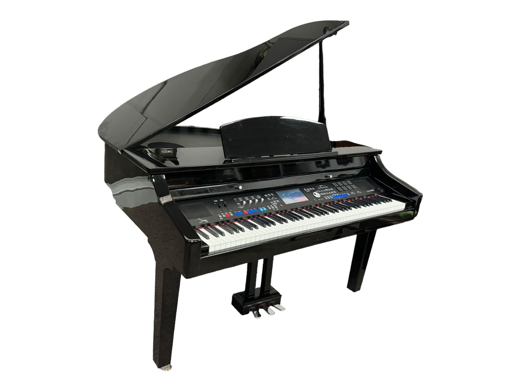 Minster Pianos - Grand 1000 digital grand piano with three foot pedals, touchscreen LCD display, 88 hammer action keys and 8 touch sensitive pads, housed within glossy black lacquered case; adjustable brown upholstered stool